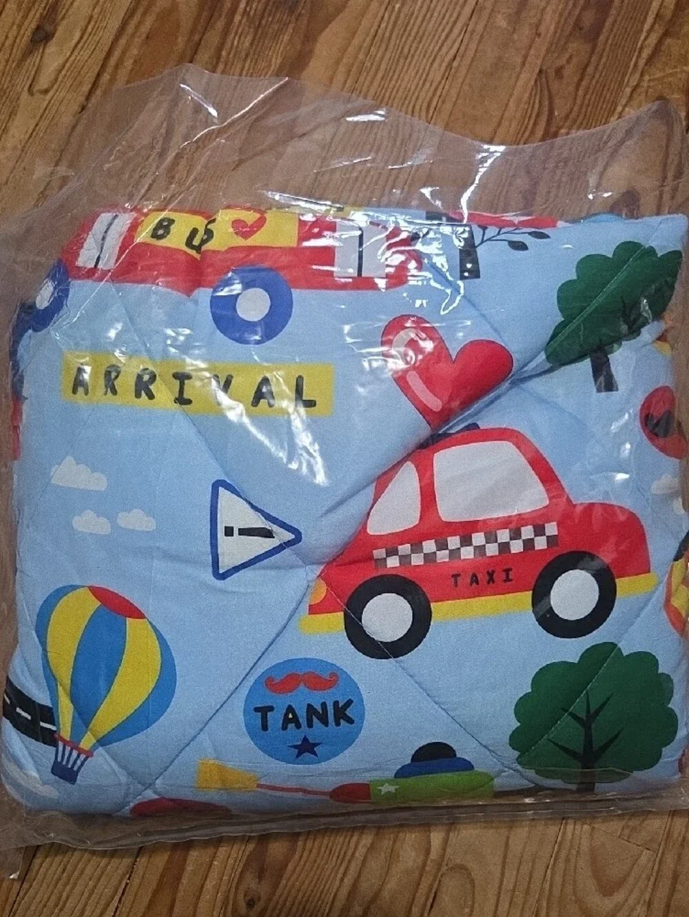Toddler Bed Comforter Kids Bus Print Pillow Cover - Blue Red